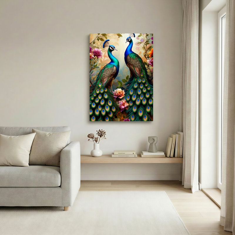 Ensemble de 1 tableau sur toile tendue représentant un paon et des fleurs, H 24 po x l 16 po