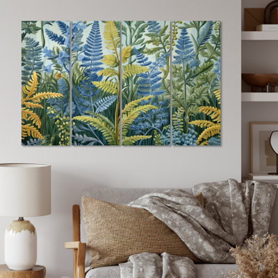 Fleurs de fougère verte et bleue - impression sur toile florale - 4 panneaux