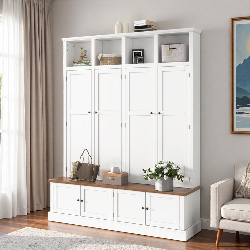 Farmhouse Hall Tree With Bench, Coat Rack, Open Compartments, 4 Cabinets And Enclosed Storage Spaces, White