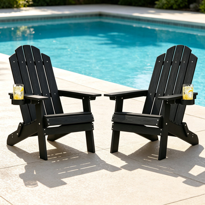 Ensemble de 2 chaises pliantes Adirondack avec porte-gobelets, chaises de patio HIPS imitation bois, résistantes aux intempéries, noires