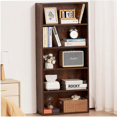 5 Tiers Narrow Bookshelf, 53 in Wooden Open Bookcase with Height-Adjustable Shelf, Freestanding Tall Display Storage Floor Bookcase Bookshelf for Library, Bedroom, Living Room, Office, Brown