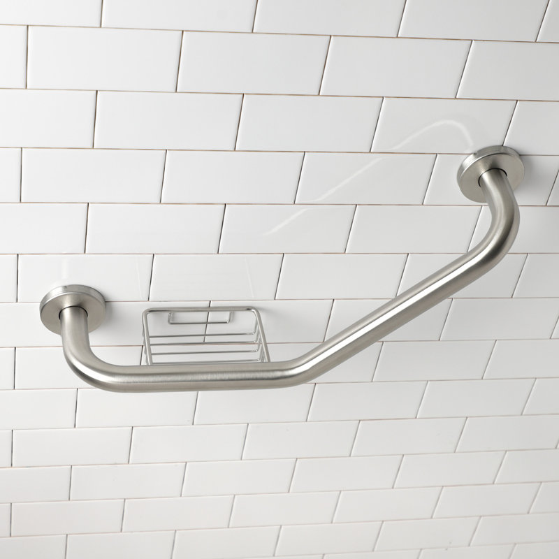 Kingston Brass Meridian 10-Inch x 12-Inch Angled Grab Bar with Soap Holder, Brushed Nickel