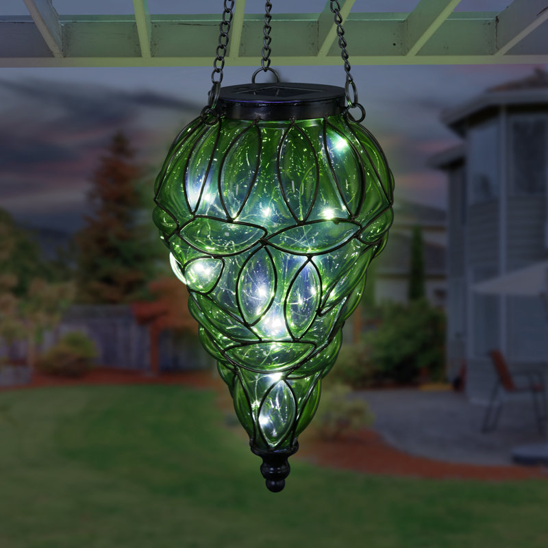 Exhart Solar Tear Shaped Glass and Metal Hanging Lantern in Green with 15 LED Fairy Firefly String Lights, 7 by 24 inches Exhart Solar Tear Shaped Glass and Metal Hanging Lantern in Green with 15 LED Fairy Firefly String Lights, 7 by 24 inches