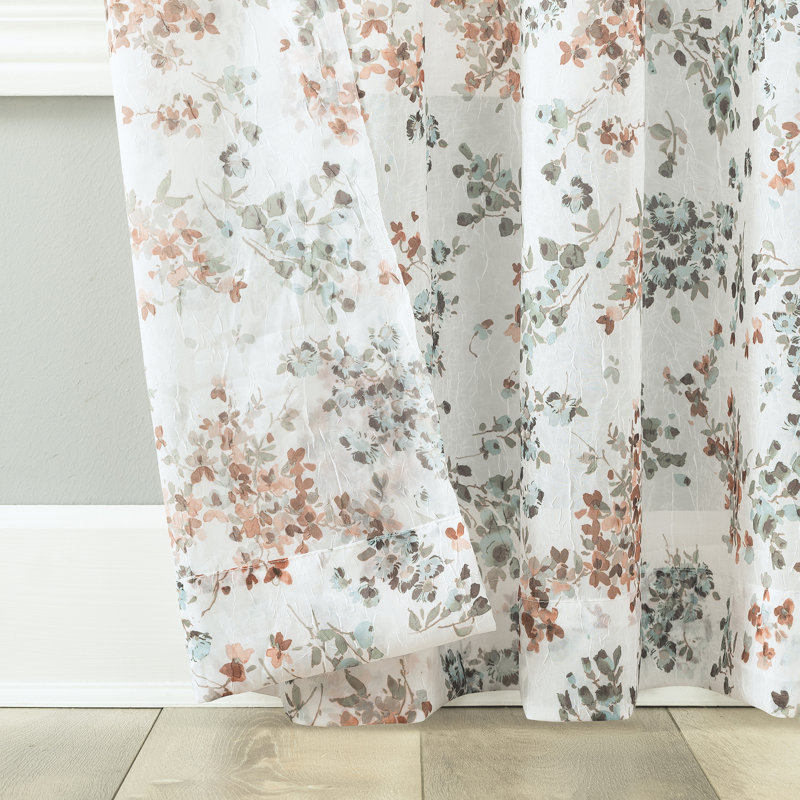 Alethea Floral Print Crushed Voile Sheer Rod Pocket Curtain Panel, 51" W x 84" L, White