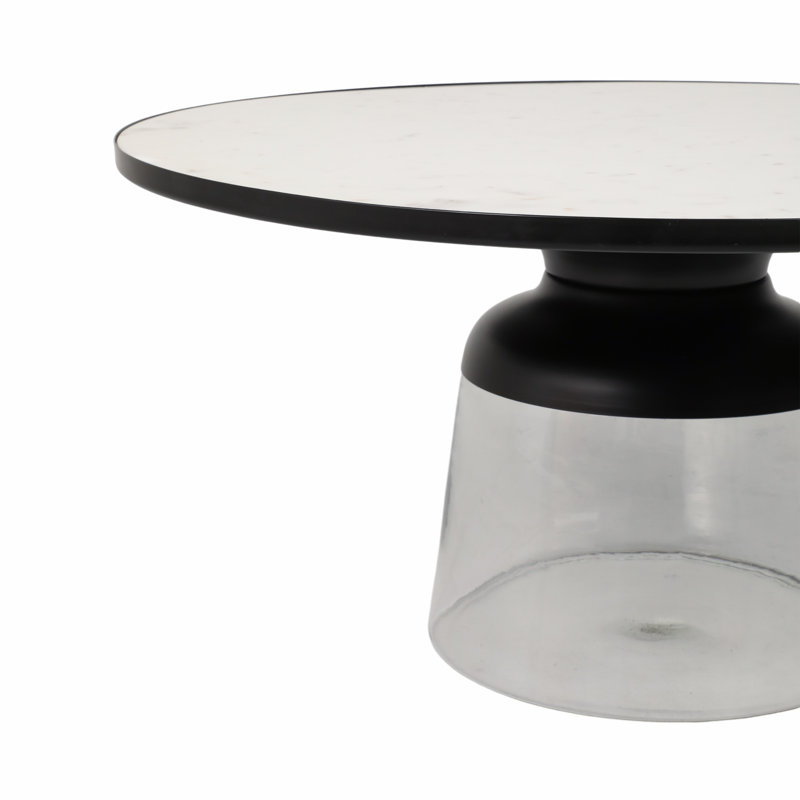 Table basse ronde avec plateau en marbre blanc et base en verre, table de salon avec bordure noire et design moderne, 34 po