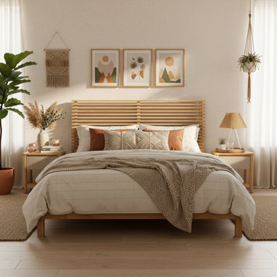 Premium Solid Wood King Size Bed Frame With Headboard,Natural Finish, 600Lbs Capacity, For Modern Bedroom,No Box Spring Needed, Fits All Mattresses