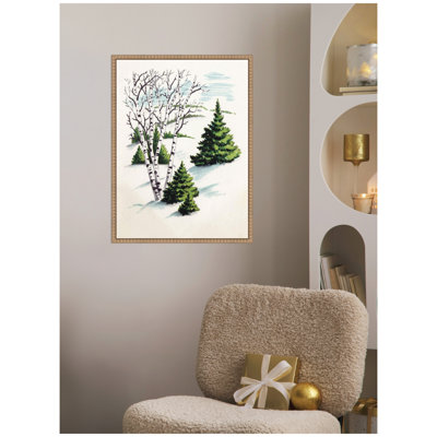 «Christmas Snowy Winter Fir Trees and Birch Trees» par Corinna Buchholz of Piddix, reproduction d'art sur toile encadrée
