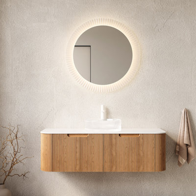 Meuble-lavabo de salle de bain de 122 cm (48 po) avec lavabo en verre à rayures artistiques, tiroirs naturels, 2 armoires faciles à nettoyer en bois 3D, préassemblé