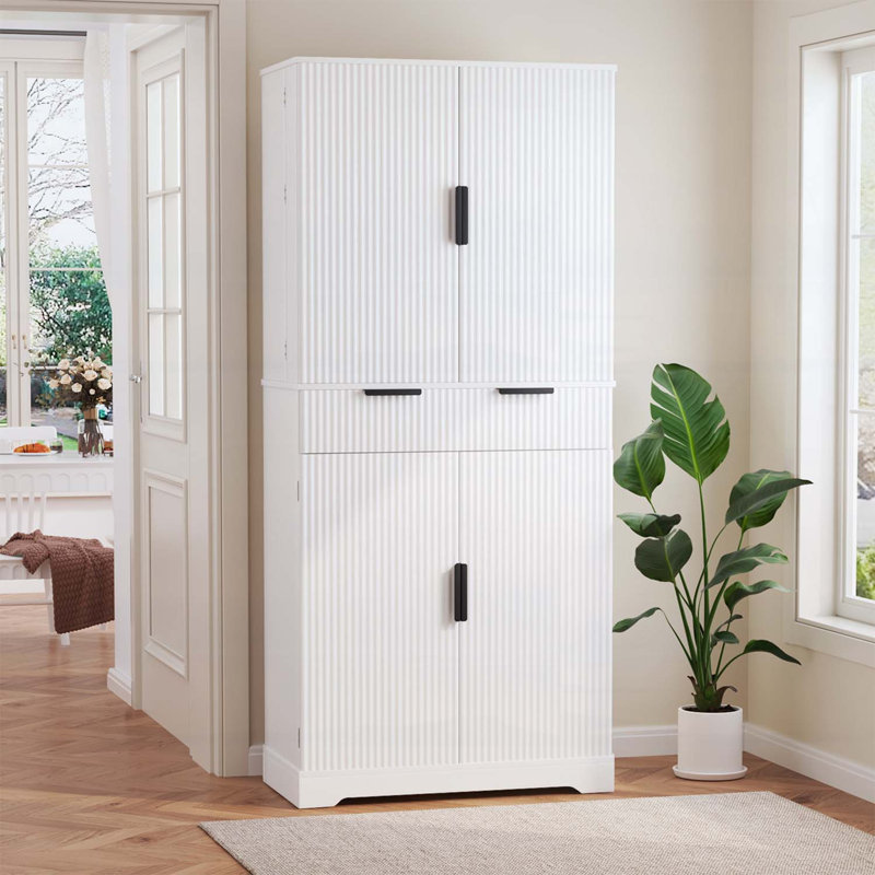 Fluted Kitchen Pantry Cabinet,for Versatile Use in Various Rooms, White