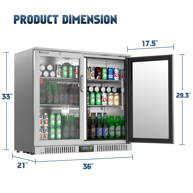 Coolski Commercial Beverage Refrigerator, Stainless Steel Back Bar Cooler with Dual Glass Doors, Undercounter Beverage Display Fridge for Beer Soda Wine, ETL NSF Approved