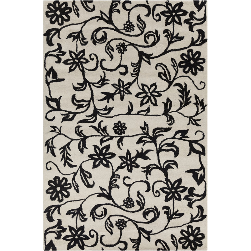 Tapis floral en laine à grande échelle touffeté à la main noir et blanc Ailey Authentic, 5 pi x 7 pi 6 po