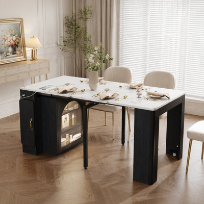 Table de salle à manger extensible avec 3 rallonges centrales amovibles, table îlot mobile sur roulettes avec prise électrique, meuble gain de place avec rangement pour salle à manger et salon (NOIR ET BLANC MARBRE)