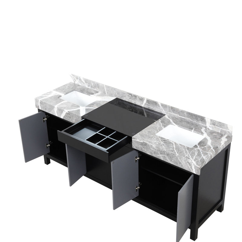 80 po Meuble-lavabo noir et gris avec marbre gris - bois massif, fermeture en douceur, couche de résistance aux égratignures avec cadre en bois à double plateau x P 22 po, surface, beaucoup de rangement