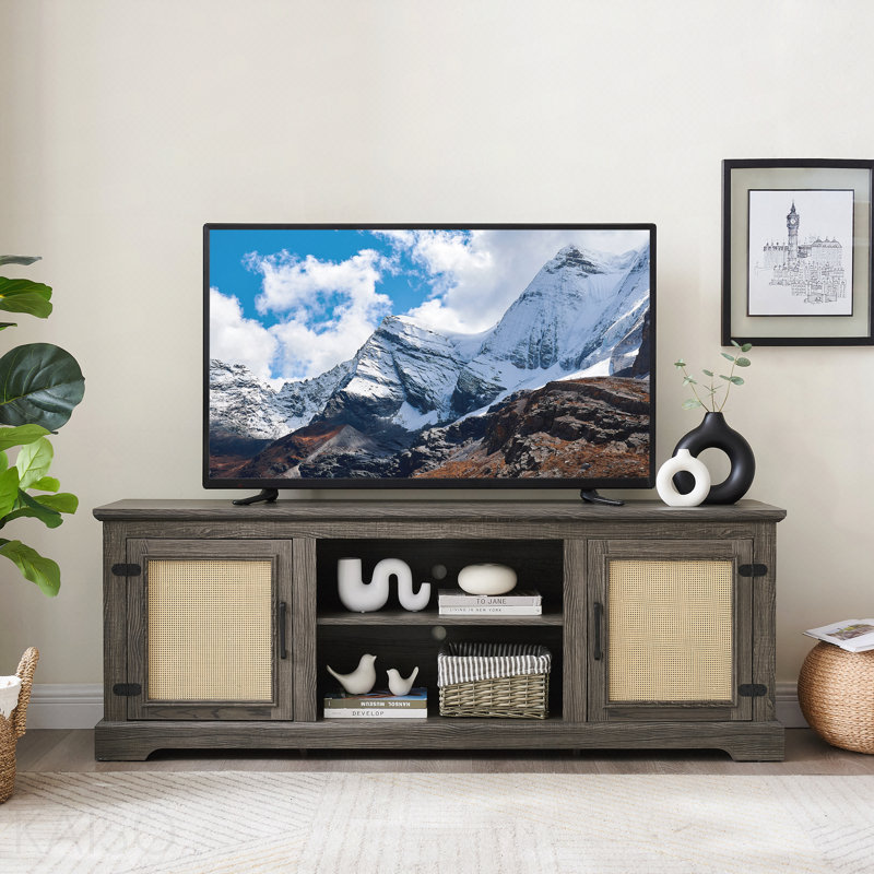 Rattan TV Stand Entertainment Center for TVs up to 70 Inch, Media Console with Cable Management - Gray, Antique Gray