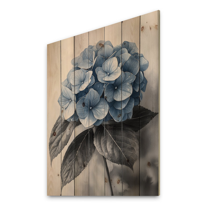 Hortensia dans un jardin monochrome I - décoration murale en bois d'hortensia - sur bois de pin naturel