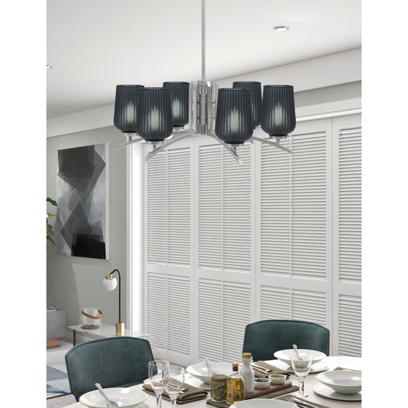 Lustre 6 lumières Kurve présenté dans une finition graphite avec verre texturé, Fumée