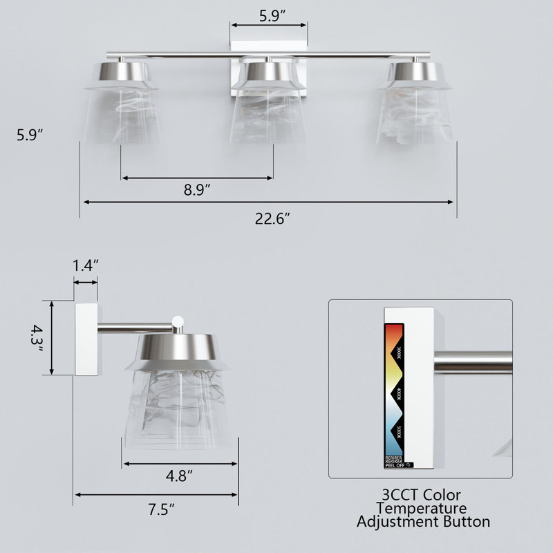 3 - Light 22.6W" LED Dimmable Gold Iron 3000K/4000K/5000K 3CCT ETL Certificated Vanity Light With Patterned Glass
