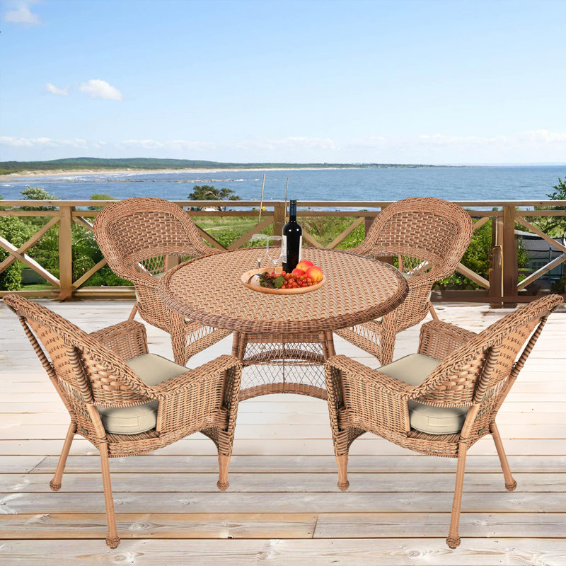 4 - Person Patio Dining Set with Round Table , Cushions Included, Honey, Tan