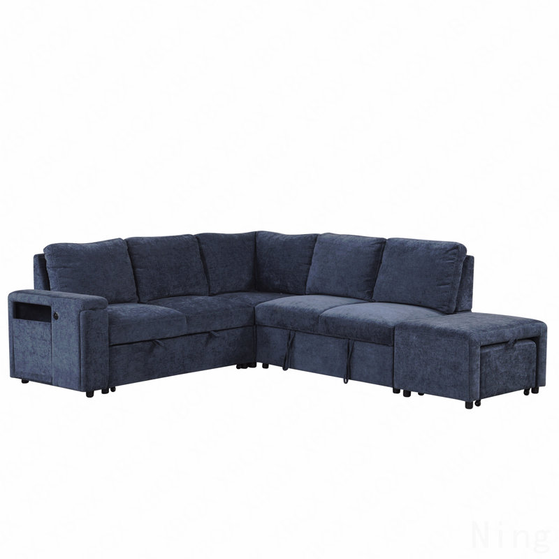 U_STYLE  L-Shaped Padded Modular Sofa With Storage Space, Blue Polyester