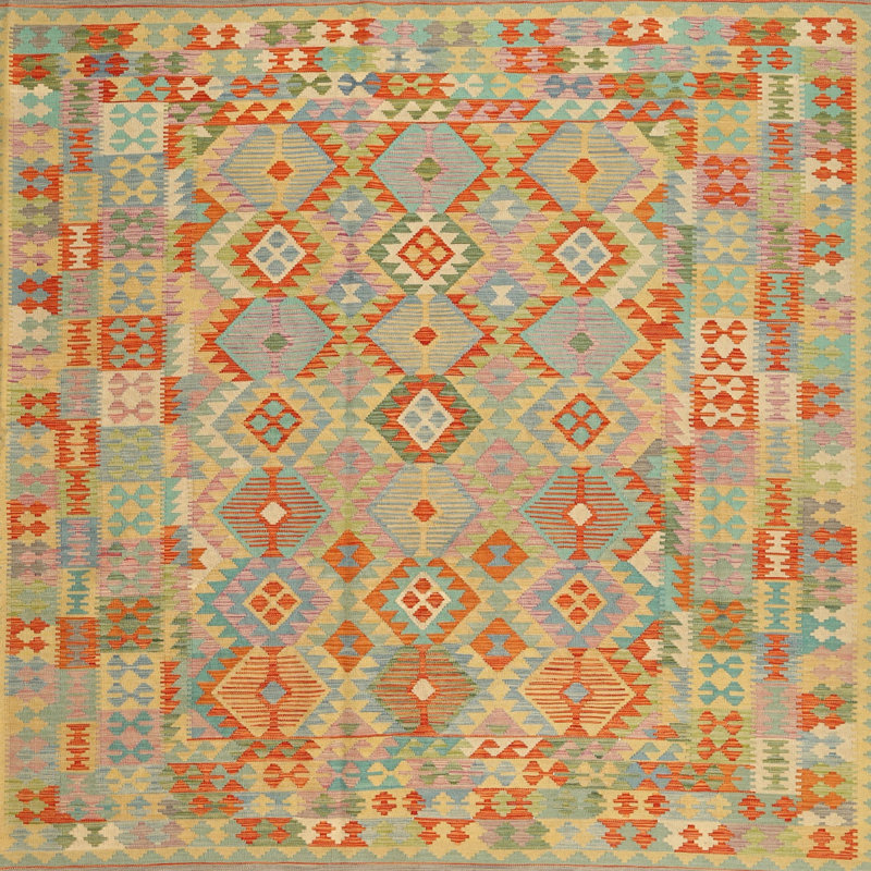 Tapis contemporain rouge / orange / vert, Carré 5 pi