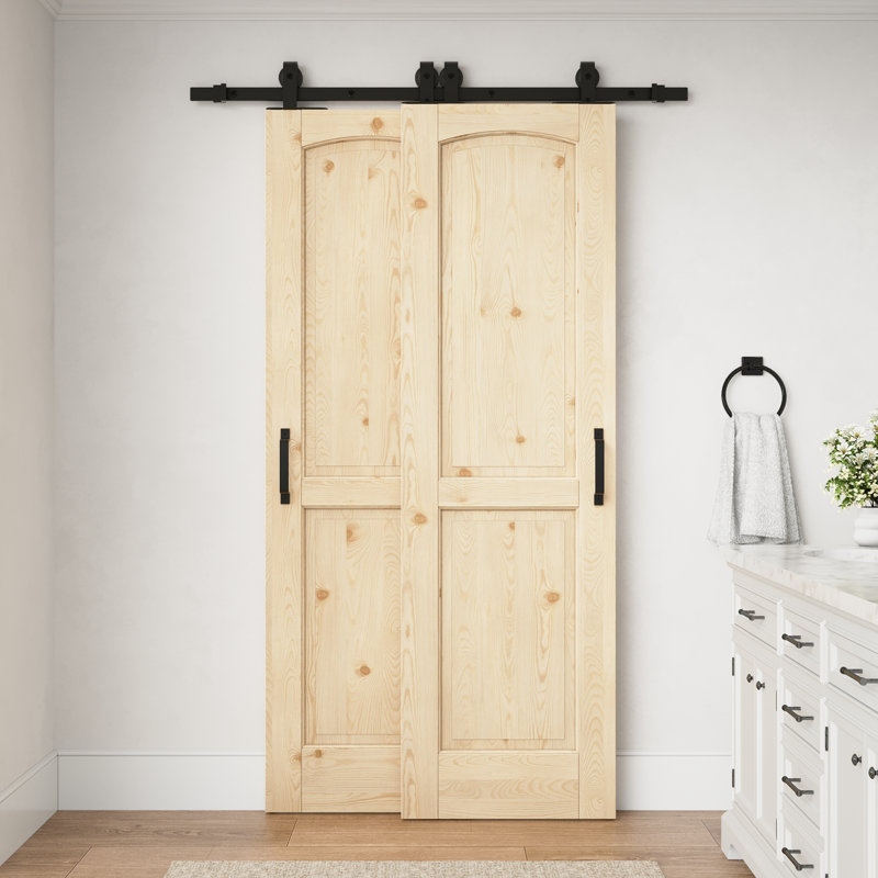 Porte intérieure en pin massif à deux panneaux cintrée de 40 po x 80 po avec ensemble de quincaillerie pour porte coulissante de style grange, idéale pour le salon ou le garde-manger.