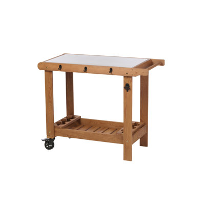 Outdoor Wooden Grill Cart Table with Wheels, Metal Top and Storage, for Patio Backyard Garden BBQ