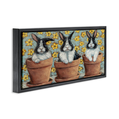 Three Bunnies in Pots Framed Floater Canvas Wall Art by Sara G. Designs