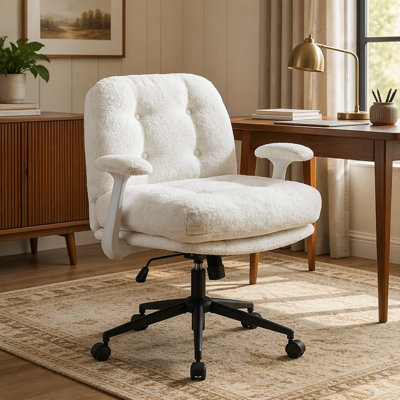 Chaise de bureau en chenille pivotante, chaise de bureau en velours à hauteur réglable avec accoudoirs, chaise de travail ergonomique en mousse haute densité pour bureau à domicile, blanc