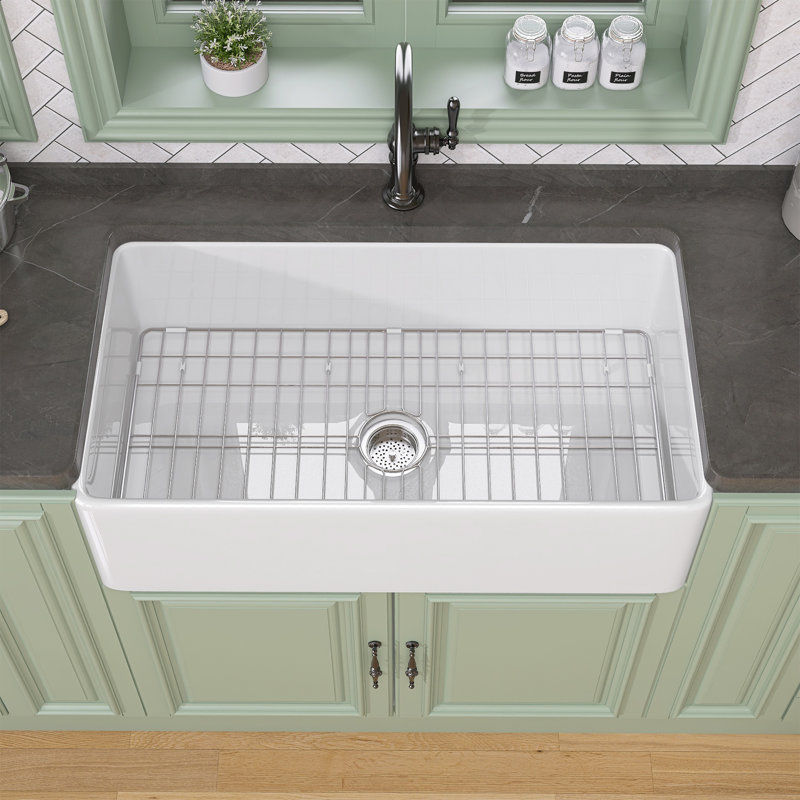 Fireclay Apron Front Farmhouse Kitchen Sink Single Bowl Farm Sink in White with Accessory Kits, 10" H x 20" W x 30" L