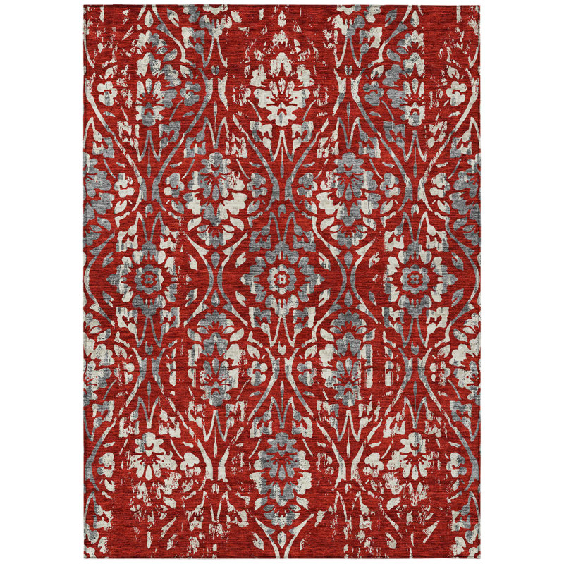 3' X 5' Red Ivory And Dark Gray Floral Washable Indoor Outdoor Area Rug
