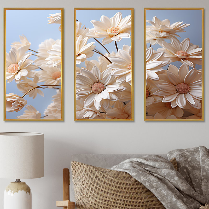 Ensemble de salon marguerites blanches, Cadre flottant doré, H 28 po x l 36 po x P 1 po