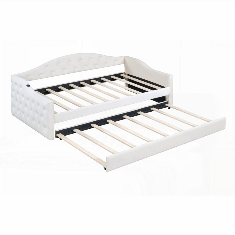 Lit de jour simple avec couchette et amp; Ports de charge USB / Type-C, aucun sommier nécessaire, Beige