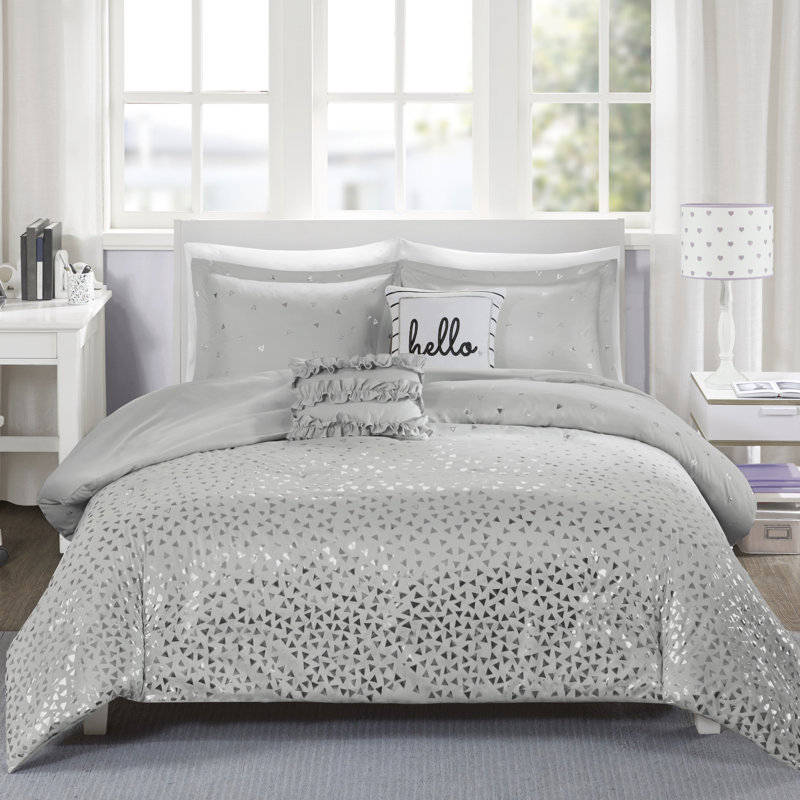 Ensemble de housse de couette Zoey, Housse de couette double / grand et 2 taies décor, Gris / argent