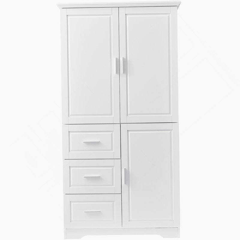 Armoire de rangement haute et large avec portes et trois tiroirs, idéale pour l'organisation et le rangement de la salle de bain ou du bureau