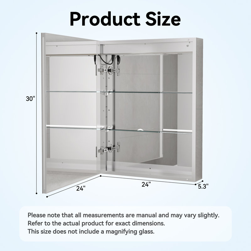 Recessed or Surface Mount LED Medicine Cabinet with Mirror, Frameless, Defogger, Outlets & USBs, 30" H x 24" W x 5.3" D