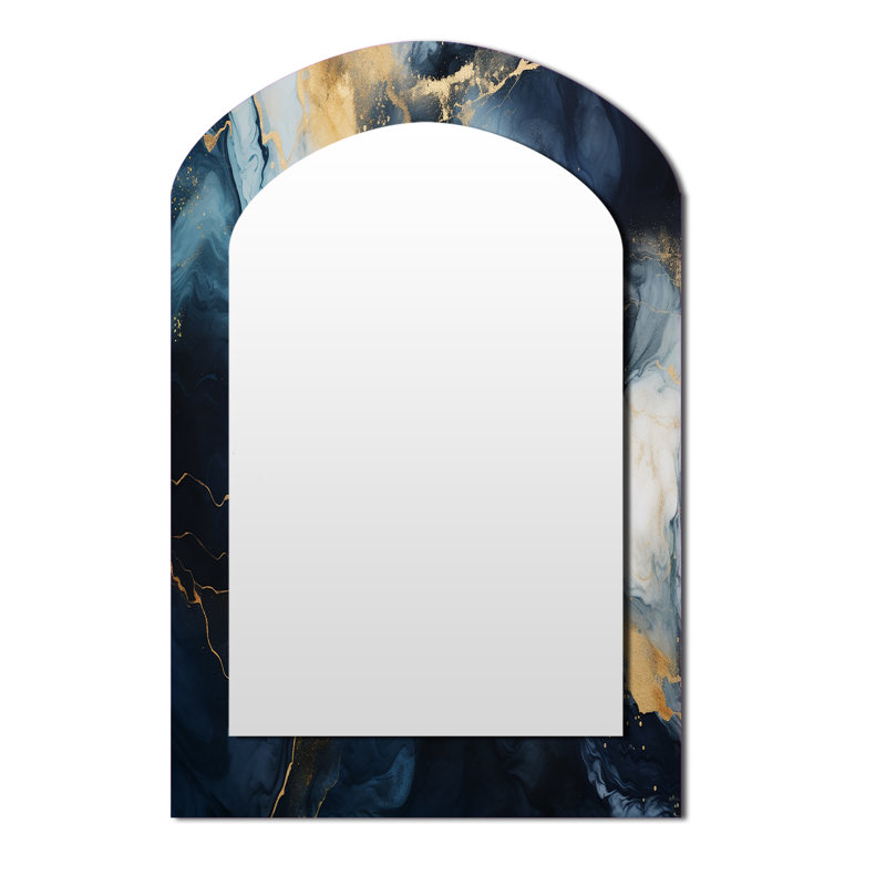 Gold and blue Abstract marble paint IV - Marble Asymmetrical Decorative Mirror, Modern Arch Wall Mirror, Printed Metal Art