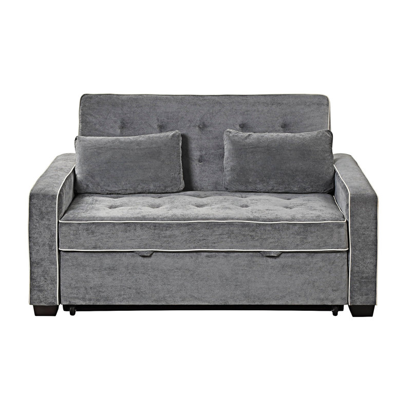 Upholstered Pull Out Sofa Bed With Throw Pillows, USB Charging Port And Adjustable Backrest, Charcoal Gray