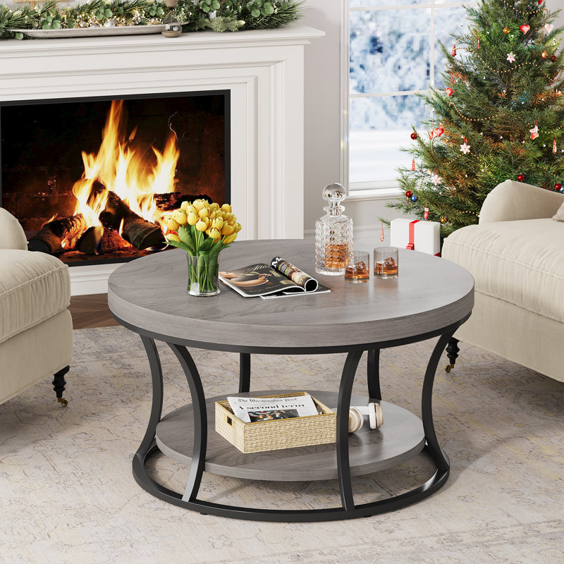 Round Coffee Table With Storage, 2-Tier Cocktail Table, Grey