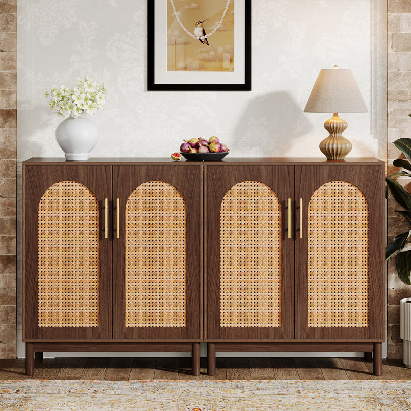 59" Rattan Sideboard, 4-door Accent Storage Cabinet For Home, Kitchen, Dark Brown