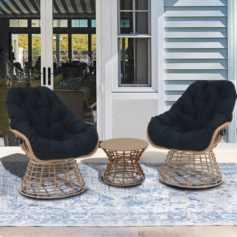 3-Piece Swivel Wicker Patio Conversation Set with Cushions - Outdoor Seating for 2,, Black