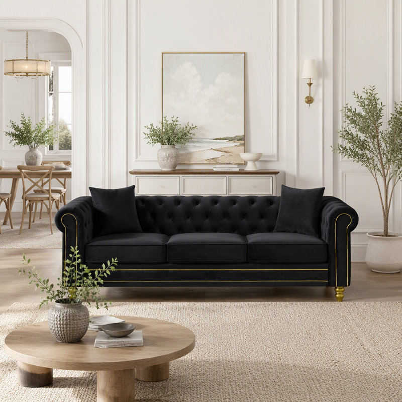 85" Velvet Chesterfield Sofa with Gold Legs, Tufted Couch for Living Room, 3 Seater Mid-Century Modern Chesterfield Sofa (Black)