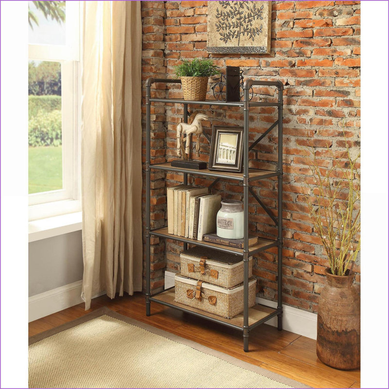 Bookshelf, Rustic 4-Tier Open Shelves | Antique Oak &amp; Light Gray Finish | Metal Frame | 23.5”W x 13.2”D | Oak | Metal