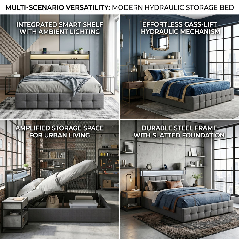 Modern Upholstered Ottoman Storage Bed With LED Headboard & USB-C Port, Industrial Bed Frame, European Double (140 x 200 cm)