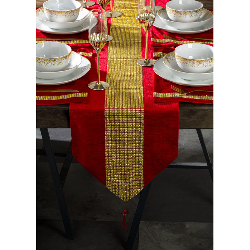 7pc Velvet Runner Set Double Diamante, Red/Gold