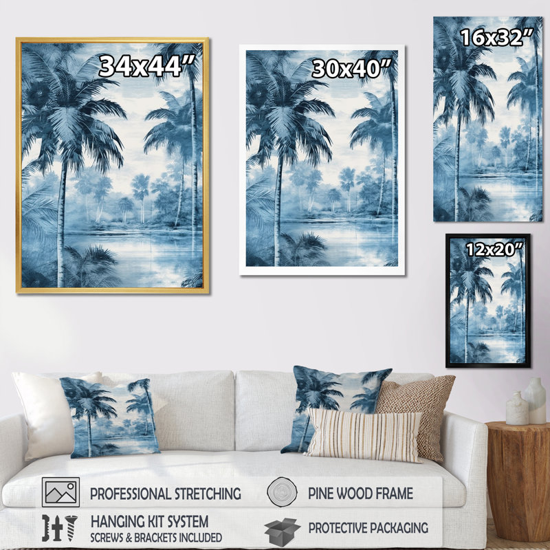 Palmiers bleus rétro, impression sur toile, palmiers, ombres, Cadre flottant noir, H 32 po x l 24 po x P 1 po