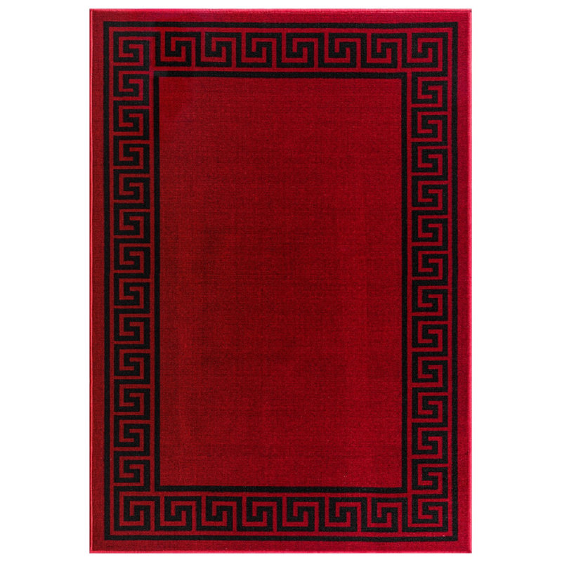 Greek-Key Red Black Non-Slip Polypropylene Area Rug — Washable Door Mat & Hallway Runner for Living Room, Kitchen & Bedroom
