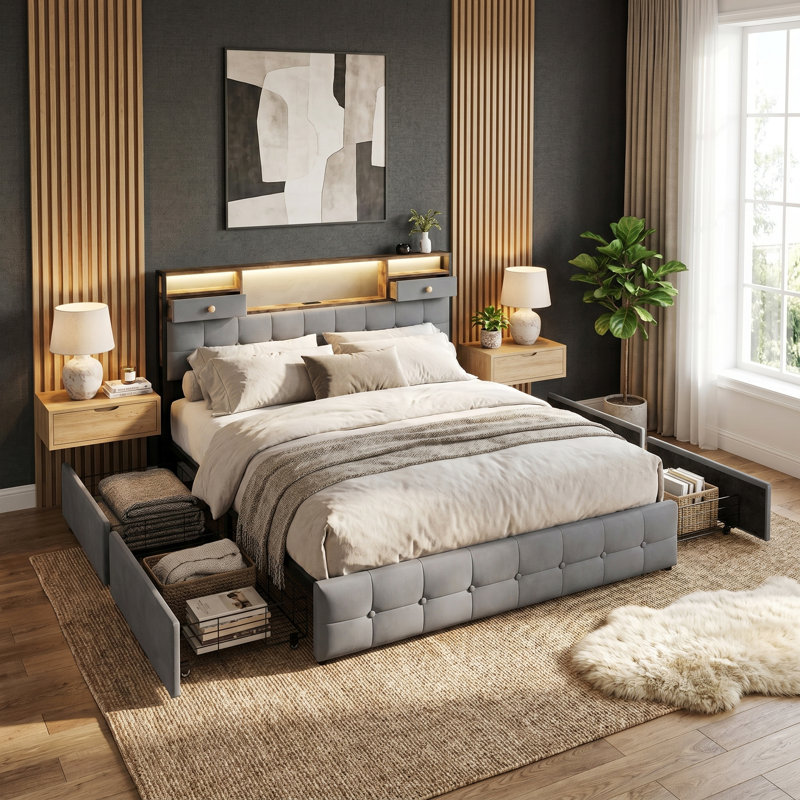 Velvet Storage Bed with 4 Drawers, Tufted Headboard with RGB LED & Charging Station, Beige/Grey, EU Double & King Size 140/160x200cm