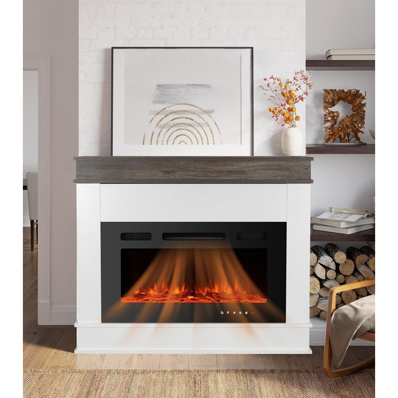 57” Freestanding Electric Fireplace Heater with Mantel, 12 Flame Colors, Stones and Logs, Dual Power, Black