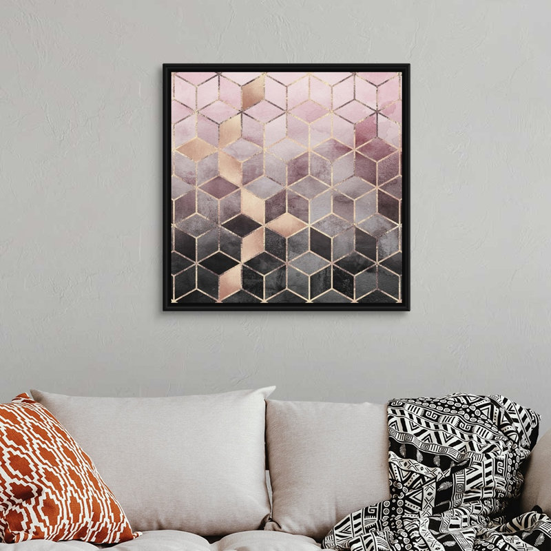 «Pink Grey Gradient Cubes», reproduction d'impression sur toile, Cadre flottant noir, H 31,7 po x l 31,7 po x P 1,75 po