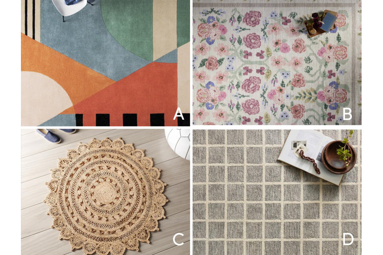 Collage of an abstract rug, floral rug, woven jute rug, and plaid rug labeled A, B, C, and D.